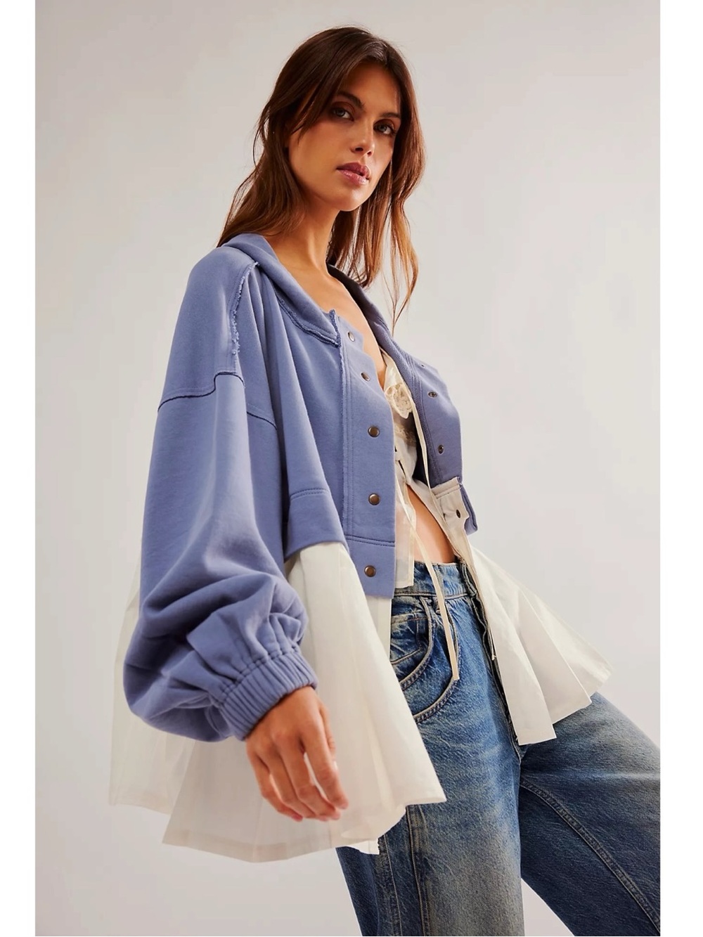Free People Ellie Peplum Sweatshirt Tunic Cardigan
Periwinkle White Size Large